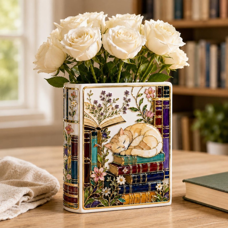 May include: A rectangular ceramic vase shaped like a book, featuring a sleeping cat resting on a stack of colorful books with floral accents and gold trim. The vase is filled with a bouquet of white roses, showcasing intricate painted details.