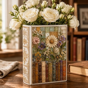 May include: A rectangular ceramic vase shaped like a book, featuring a relief design of colourful flowers and a row of book spines at the base. The vase is filled with a large bouquet of white roses. The side of the vase has gold filigree patterns.