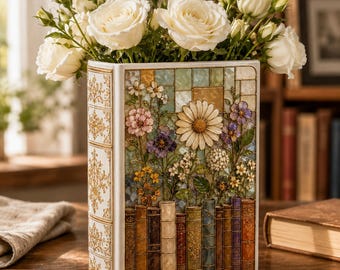 Vintage Floral Bookshelf Ceramic Book Vase, Stained Glass Flower Vase, Book Lover Library Decor, Reader Gift, Cozy Home Decor