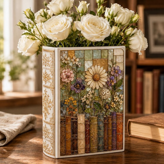 Vintage Floral Bookshelf Ceramic Book Vase, Stained Glass Flower Vase, Book Lover Library Decor, Reader Gift, Cozy Home Decor