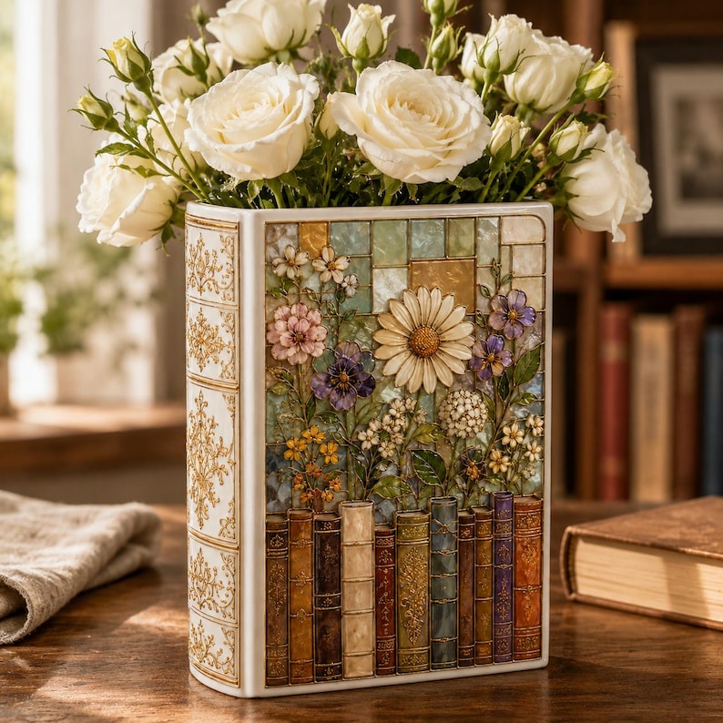 May include: A rectangular ceramic vase shaped like a book, featuring a relief design of colourful flowers and a row of book spines at the base. The vase is filled with a large bouquet of white roses. The side of the vase has gold filigree patterns.