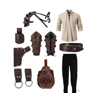 May include: A collection of costume accessories including a beige lace-up shirt, black trousers, a brown leather shoulder pauldron, two brown leather bracers, a brown belt, two belt loops with metal rings, a brown pouch, and two brown holsters.