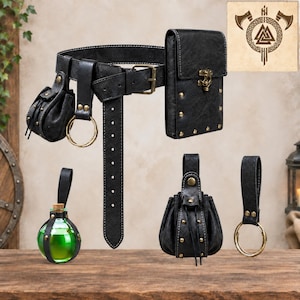 May include: A black leather belt set featuring a rectangular pouch with a brass latch, two drawstring pouches with brass studs, a brass ring holder, and a glass potion bottle with green liquid, all accented with brass hardware and white stitching.