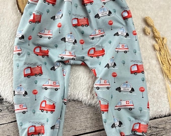 Firefighter-themed harem pants for babies and children, grows with them through several sizes.