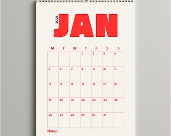 Calendário imprimível de 2026 | Download digital em PDF | Planejador anual | Casa e escritório | A4