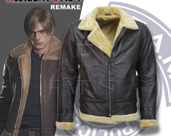 Leon S Kennedy Fur Leather Jacket | RE4 Remake Shearling Leather Jacket | Bomber Fur Collar Coat | Gaming Cosplay Outfit Men