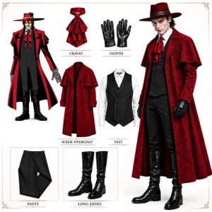 Puede incluir: Un conjunto de disfraz completo que incluye un abrigo de ante rojo con capa, un chaleco negro de doble botonadura, pantalones negros, una camisa blanca, un corbatín rojo, guantes de cuero negro, botas negras y un sombrero fedora rojo de ala ancha.