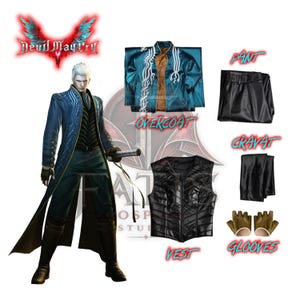 May include: A cosplay costume set from Devil May Cry, featuring a long blue overcoat with white accents, a black vest, black pants, a cravat, and olive green gloves. The image includes the character and the costume components.