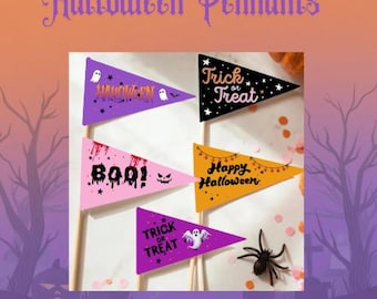 Puede incluir: Un conjunto de banderines de Halloween en morado, negro, rosa y naranja. Cada banderín triangular presenta textos y gráficos temáticos de Halloween, como fantasmas, murciélagos y las frases "Trick or Treat" y "Boo!"