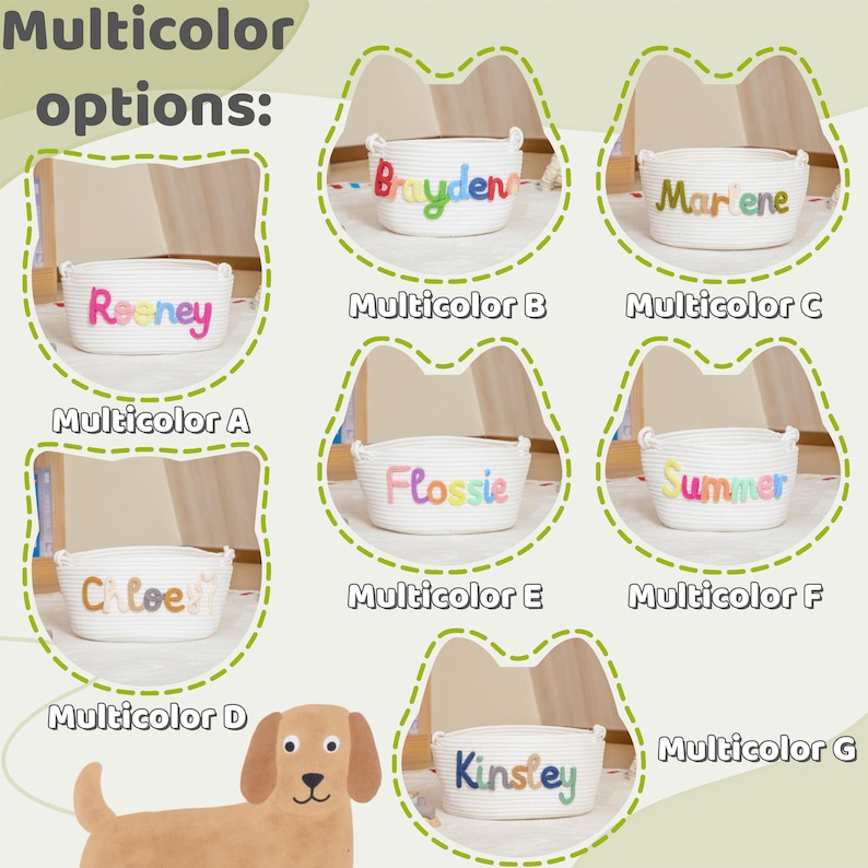 May include: White rope baskets with embroidered names in various colours. The image shows baskets labelled "Reeney", "Brayden", "Marlene", "Chloe", "Flossie", "Summer", and "Kinsley". The text "Multicolour options:" is at the top.
