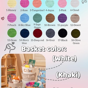 May include: Image displaying yarn colour options and basket colours for pet products. Yarn colours include honey, rose, tangerine, aqua, pink, cloud, peach, sky blue, sage green, brown, purple, desert, grass, navy blue, deep red, grey, black, and olive green. Basket colours are white, khaki, and grey.