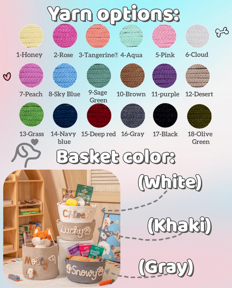 May include: Image displaying yarn colour options and basket colours for pet products. Yarn colours include honey, rose, tangerine, aqua, pink, cloud, peach, sky blue, sage green, brown, purple, desert, grass, navy blue, deep red, grey, black, and olive green. Basket colours are white, khaki, and grey.