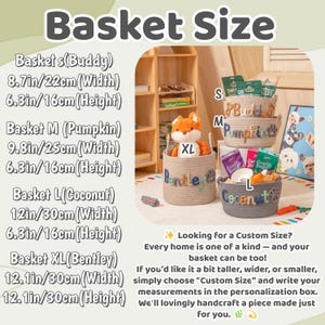 May include: Image of four rope baskets in different sizes, labelled S, M, L, and XL. The baskets contain various items. The image includes text that reads "Basket Size" and measurements in inches and centimetres for each basket.