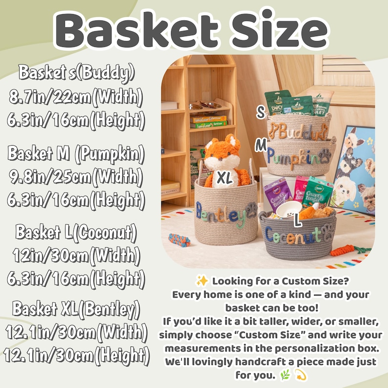 May include: Image of four rope baskets in different sizes, labelled S, M, L, and XL. The baskets contain various items. The image includes text that reads "Basket Size" and measurements in inches and centimetres for each basket.