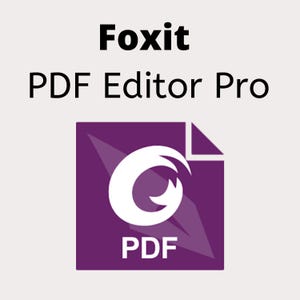 May include: The image displays the text "Foxit PDF Editor Pro" in black font above a purple square. Inside the square is a white stylized "G" shape and the word "PDF" in white. The background is a light beige color.
