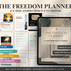 以下が含まれることがあります： The Freedom Plannerのデジタルダウンロード。画像には、プランナーの表紙とサンプルページが表示されたタブレットが表示されています。プランナーは、9時から5時までの4週間の自由への旅として説明されています。 Canva編集可能なテンプレートです。