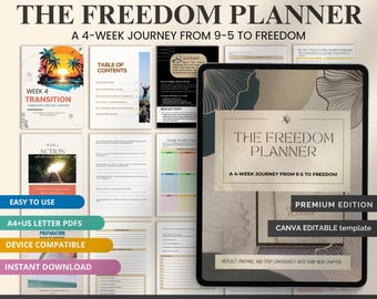 May include: Digital download of The Freedom Planner. The image shows a tablet displaying the planner's cover and example pages. The planner is described as a 4-week journey from 9-5 to freedom. The planner is a Canva editable template.