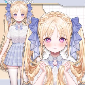 Op de afbeelding: Illustratie van een personage met lang blond haar in staartjes, versierd met lichtblauwe strikken. Het personage draagt een wit overhemd met kraag, een lichtblauwe geruite rok en een konijnenpin. De ogen zijn felroze.