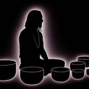 May include: Silhouette of a person meditating, surrounded by several singing bowls. The person is seated in a lotus position, with a glowing outline. The bowls are in varying sizes, also with a glowing outline, against a black background.