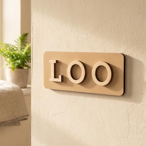 Loo Toilet Bathroom Sign: Pastel Brown, Birch Plaque, WC Door Sign