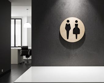 Unisex Restroom Sign: Round Birch Wood Toilet Plaque (9.5cm)