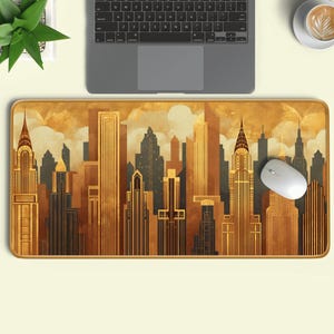 アールデコ調デスクマット｜黄金のニューヨークのスカイライン、レトロなオフィス装飾