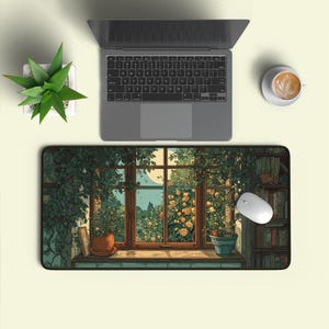 Mysig Anime-hörnskrivbordsmatta | Gåva för solnedgångsväxtälskare | Stor spelmatta | Estetisk fönsterutsiktsmusmatta
