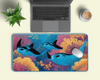 Colorful Ocean Blue Desk Pad – Manta Ray and Coral Fish Mouse Pad Extended Gaming Deskmat