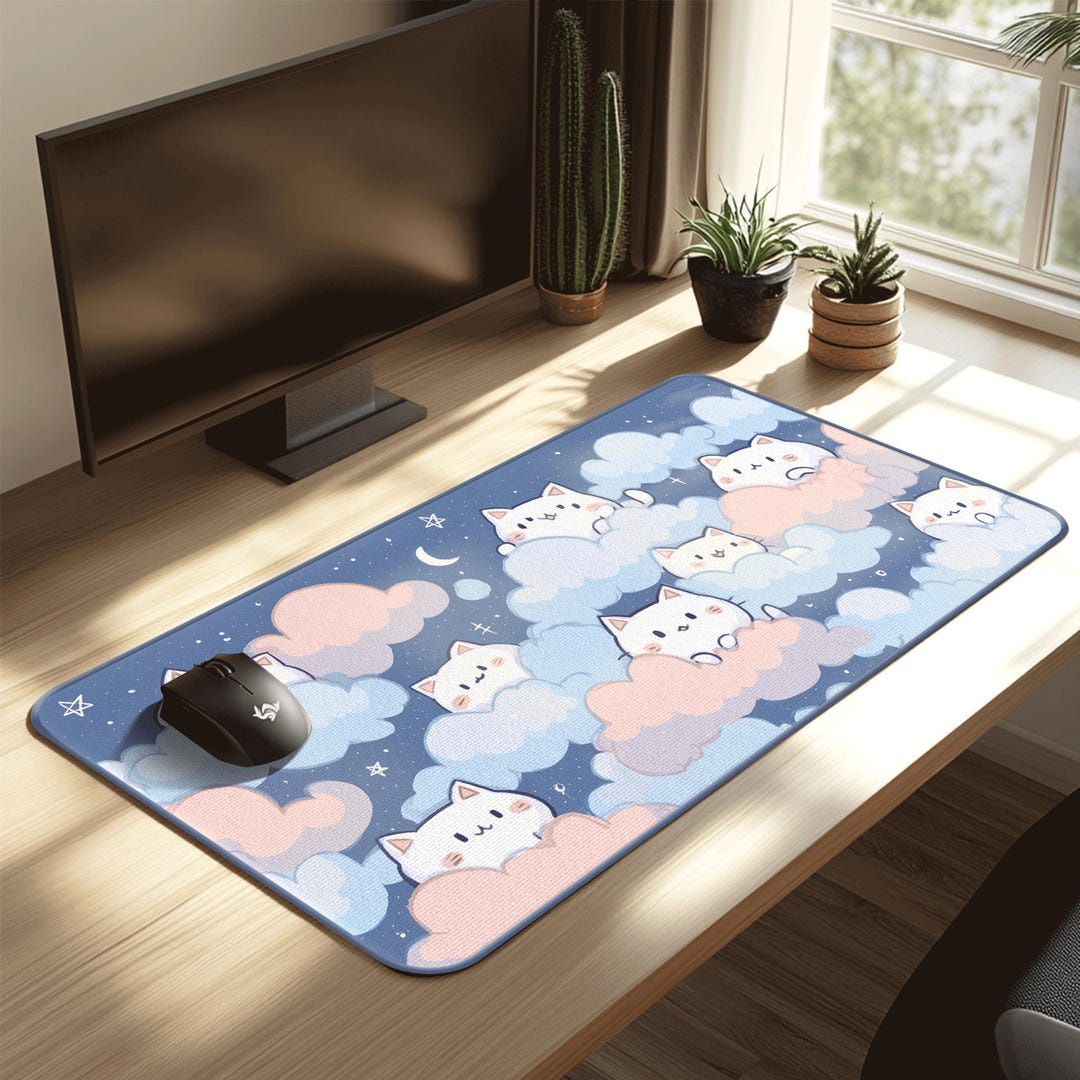 Cat Clouds Pastel Pink Oversized Mouse Pad | Kawaii Desk Mat - Etsy