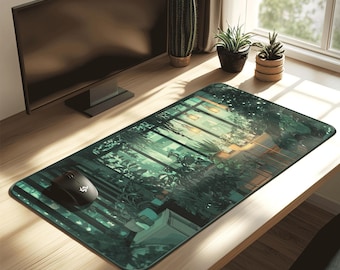 Green Plants Desk Mat | Indoor Jungle Illustration | Cozy Nature Workspace | Lofi Aesthetic Workplace Decor Gift