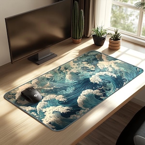 Ukiyo-e Japanese Desk Mat | Vintage Japanese Art Mouse Pad | Dark Blue & Emerald Desk Decor | Aesthetic Japan Desk Mat | Zen Gaming Pad
