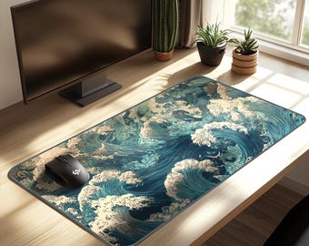 Tappetino da scrivania giapponese Ukiyo-e / Tappetino per mouse in stile vintage giapponese / Decorazioni per scrivania blu scuro e smeraldo / Tappetino da scrivania giapponese estetico / Tappetino da gioco Zen