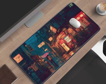 Anime Desk Mat Gaming Mousepad Japenese, Aesthetic Rainy Tokyo
