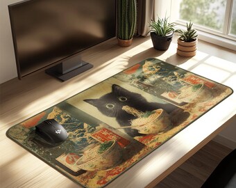 Black Cat Ramen Night Desk Mat | Vintage Yellow Gift | Oversized Anime Food Mousepad | Green-Eyed Cat Dining Desk Pad