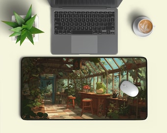 Greenhouse Sunset Frog Corner Desk Mat | Cozy Plant Room Extended | Cute Frog Art Gift | Oversized Anime Greenhouse Pad