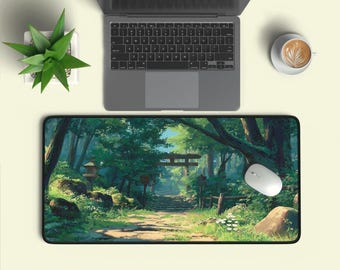 Podkładka na biurko „Spokojny leśny szlak” | Rozszerzony prezent artystyczny | Anime Green Escape | Duży pad do gier Pixel Adventure Gift | Inspirowana grami natura
