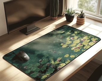 Lily Pond Mouse Pad | Serene Water Lily Illustration | XXL Calm Nature Desk Gift | Green Aesthetic Workplace Decor Gift