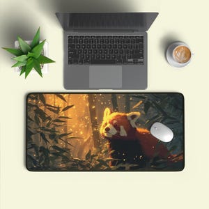 May include: A rectangular mouse mat featuring a red panda in a bamboo forest scene with sunlight. A white computer mouse sits on the mat. A laptop and a cup of coffee are also visible.
