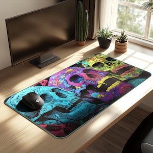 May include: A rectangular mouse mat with a colourful skull design. The skulls are in shades of blue, purple, yellow, and pink against a black background. A black computer mouse sits on the mat. The mat is on a wooden desk.