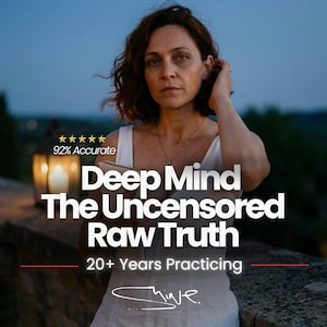 May include: A person with shoulder-length wavy brown hair wearing a white sleeveless top. Text overlay reads: 5 stars, 92% Accurate, Deep Mind The Uncensored Raw Truth, 20+ Years Practicing, and a signature graphic. A lantern glows in the background.