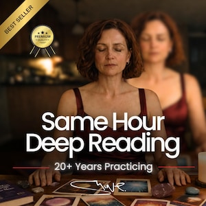 Op de afbeelding: Een afbeelding met een vrouw met gesloten ogen, gekleed in een bordeauxrode jurk, met de tekst "Same Hour Deep Reading" en "20+ Years Practicing". De afbeelding bevat ook een "Best Seller" banner en een "Premium Quality" badge.