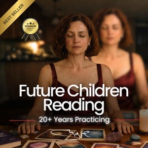 Könnte beinhalten: Ein Bild, das eine "Future Children Reading" Dienstleistung bewirbt. Der Text wird über einer Frau mit geschlossenen Augen angezeigt, mit einem verschwommenen Bild von ihr im Hintergrund. Der Text enthält auch "20+ Years Practicing". Ein "Best Seller" und "Premium Quality" Abzeichen befinden sich oben links.
