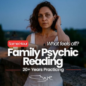 May include: Image of a woman with text overlay. The text includes "Same Hour", "Family Psychic Reading", "20+ Years Practicing", and "What feels off?" The woman is wearing a white dress and holding a tablet.