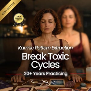 May include: A person with shoulder-length brown hair sits with eyes closed at a table featuring several rectangular cards with celestial imagery, a purple book, and smooth stones. Text reads: Karmic Pattern Extraction, Break Toxic Cycles, 20+ Years Practicing.