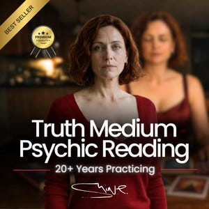 May include: A woman in a red top is the focus of the image, with the text "Truth Medium Psychic Reading" and "20+ Years Practicing." A gold banner reads "Best Seller" and a gold seal says "Premium Quality."