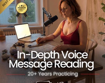 May include: An image featuring a woman in a red dress seated at a wooden table with a laptop and microphone. The text reads "In-Depth Voice Message Reading" and "20+ Years Practicing". A "Best Seller" banner and a "Premium Quality" badge are visible.