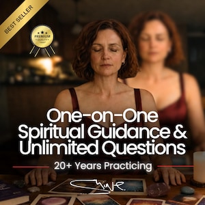 May include: Image features a woman with closed eyes, in a maroon dress, with the text "One-on-One Spiritual Guidance & Unlimited Questions" and "20+ Years Practicing." A "Best Seller" banner and "Premium Quality" badge are also visible.