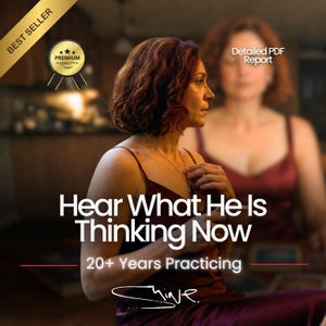 May include: Image features a woman in a burgundy dress, with text overlay: "Hear What He Is Thinking Now." Additional text includes "20+ Years Practicing" and "Detailed PDF Report." A "Best Seller" banner and a "Premium Quality" seal are also present.