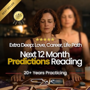 Könnte beinhalten: Eine digitale Grafik mit einer Person mit geschlossenen Augen, deren Hände auf einem Tisch mit Tarotkarten ruhen. Der Text lautet: Best Seller, Premium Quality, Extra Deep: Love, Career, Life Path, Next 12 Month Predictions Reading, 20+ Years Practicing.