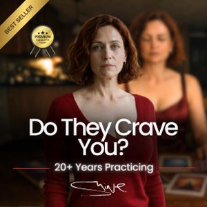 以下が含まれることがあります： 赤いトップスを着た女性が写っており、「Do They Crave You?」と「20+ Years Practicing」の文字があります。「Best Seller」と書かれた金色のバナーと、「Premium Quality」と書かれた金色のシールがあります。